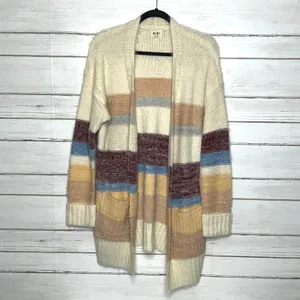 BiBi Fuzzy Eyelash Knit Stripe Cardigan Sweater Cream Open Front Size Large thumbnail 10