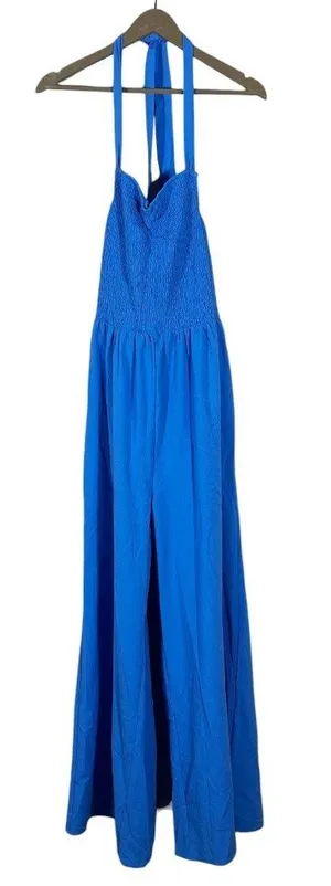 NWT Lumiere Smocked Halter Solid Wide Leg Jumpsuit Blue Boho Summer Size M thumbnail 1