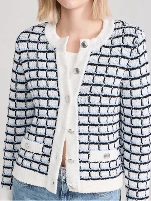 🌟 Veronica Beard 🌟 Lavigne Tweed Knit Sweater Cardigan Jacket Blue / White Xs thumbnail 4