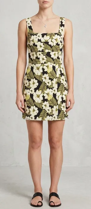 Tropical Floral Square Neck Bow Tie Back Mini Dress Olive Green White Black thumbnail 1