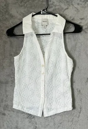 Maeve Halter Collared Ruched Tank Top Women’s XS Ivory Textured Button Front thumbnail 1