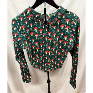 Standard Issue Mushroom Print Ruffle Collar Long Sleeve Top Green Red Small thumbnail 4