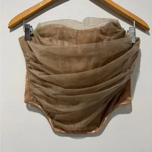 Sheer Brown Ruched Mesh Strapless Top Size L thumbnail 1