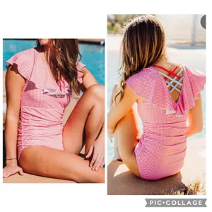 Love & Grow Red Gingham Plaid Ruffle One Piece Swimsuit Size Medium thumbnail 2