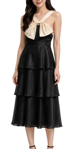 Lulus Two-Tone Halter Bow Tiered Midi Dress Black/Cream size Medium thumbnail 1