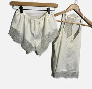 Homebodii Pajama Set Womens S Ivory Satin Lace Cami Tap Shorts Bridal Sleepwear thumbnail 1