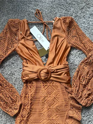 PatBO Rust Crochet Long-Sleeve Mini Dress with Belt thumbnail 4