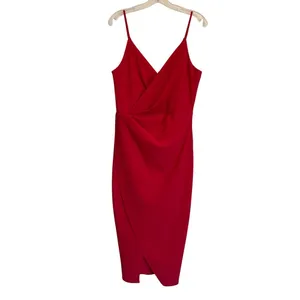 Betsey Johnson Red Faux Wrap Midi Dress Womens 8 V Neck Spaghetti Strap thumbnail 4