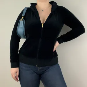 Y2K Black Velvet Velour Hooded Tracksuit Jacket Sweatshirt thumbnail 1