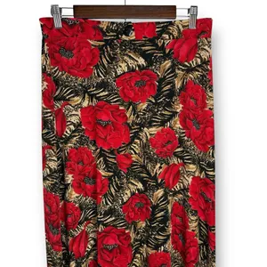 Vintage Y2K Maxi Skirt L Red Floral Tiger Animal‎ Print Slinky Stretch Pull On thumbnail 2