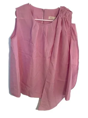 Adela Women's Sleeveless Blouse Crewneck Pleated Bow Shoulder Pink Purple thumbnail 1
