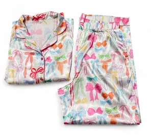 Colorful Bow Print Satin Pajama Set Multiple Size M thumbnail 1