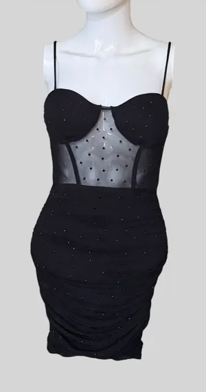 Black Sheer Mesh Bodice Ruched Mini Dress thumbnail 1