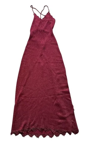 Burgundy Metallic Knit Maxi Dress Crochet Lace Trim Lace Up Back Wine Red Gown thumbnail 1