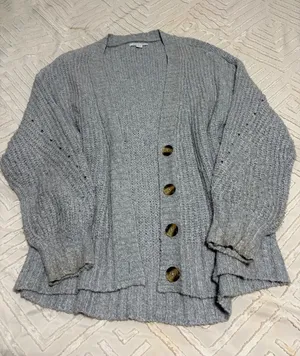 American Eagle Outfitters Light Gray Ribbed Button Cardigan thumbnail 1