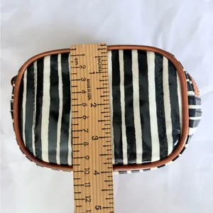 Tory Burch Black & White Striped Cosmetic Pouch Brown Logo Trim thumbnail 7