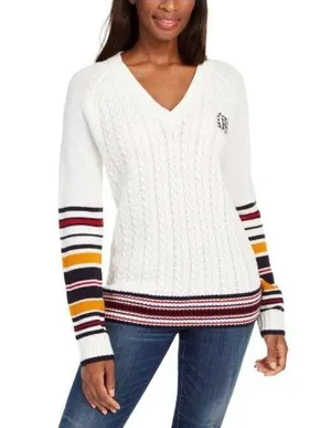 Tommy Hilfiger Sweater Ivory V-Neck Varsity Cable Knit Pullover Size L MSRP $79 thumbnail 1