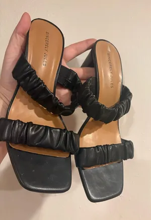 Sincerely Jules Black Ruched Double-Strap Slide Heels thumbnail 1