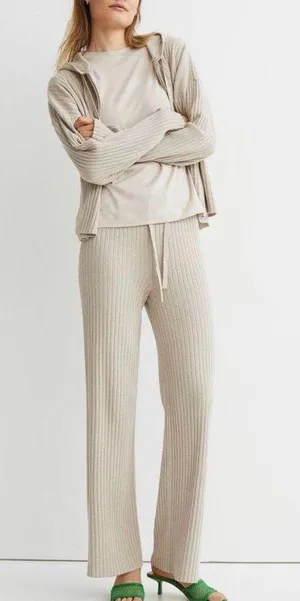 Ribbed High Waisted Drawstring Trouser Pants thumbnail 1