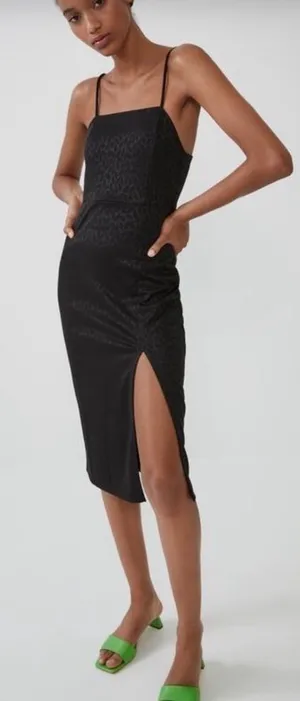 Zara Textured Weave Printed Slit Midi Dress in Black Size‎ Large thumbnail 1