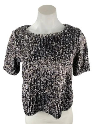 Search for Sanity Womens Faux Fur Sequin Shell Short Sleeve Sweater Blouse Top S thumbnail 1