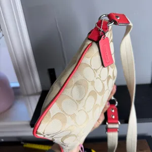 Coach Khaki Signature Canvas Crossbody with Red Leather Trim thumbnail 3