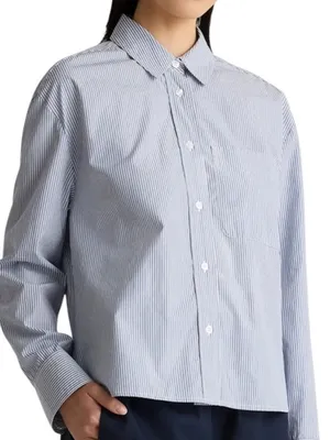 Quince Organic Cotton Poplin Cropped Long Sleeve in Light Blue Stripe thumbnail 1