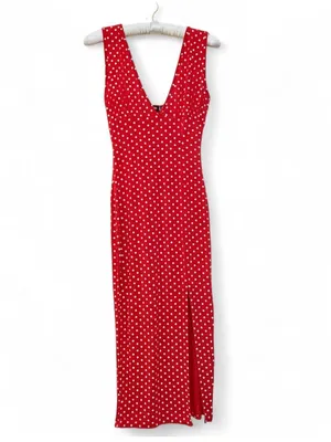Missguided Women’s Red Sleeveless V-Neck Polka Dot Deep Plunge Slit Maxi Dress 4 thumbnail 2