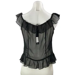 NEW Lioness Timeless Ruffle Black Sheer Mesh Scoop Neck Ruffle Blouse Top Sz L thumbnail 3