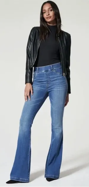 SPANX Flare Jeans Vintage Indigo High Rise Pull On Shaping Blue Size Large thumbnail 1