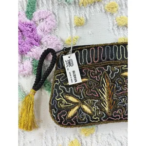 Sudha Beaded Coin Purse Black Gold Floral Embroidered Tassel Wristlet Pouch NWT‎ thumbnail 4