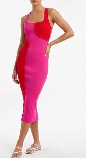 Naked Wardrobe Pink Red Colorblock Ribbed Racerback Midi Dress XS thumbnail 1