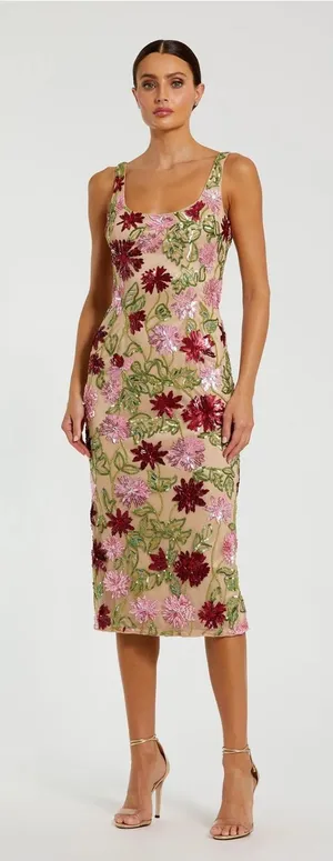 Mac Duggal 6124 Beige Floral Beaded Scoop Neck Midi Dress sz 4 thumbnail 1
