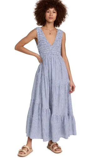 NWT Free People Juno Maxi in Ivory Blue Striped Cotton Smocked Dress S thumbnail 1