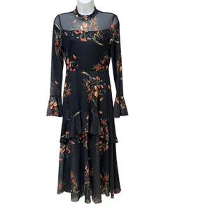 Floral Sheer Mesh Mock Neck Tiered Ruffle Midi Dress Black Orange Red Small thumbnail 2