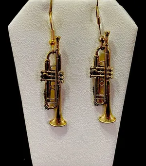 Vintage Trumpet Dangle Earrings Goldtone 2 “, Future Primitive USA Music Lover thumbnail 1