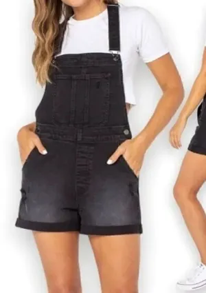 Black Distressed Juniors Short Overalls thumbnail 1