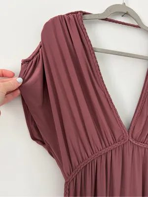 MISA Los Angeles Cap Sleeve V Neck Braided Tie Back Flowy Boho Maxi Dress NWT Rose Brown Sm thumbnail 2