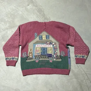 Vintage Hand Knitted Cardigan Sweater SZ L Cottagecore Antiques Farm House Pink thumbnail 10