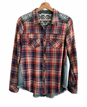 Miss Me Womens Plaid Boho Western Embroidered Button Up Top Size S Cowgirl Indie thumbnail 1