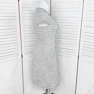 Eliza J Spring Tweed Fringe Hem Fit‎ Flare Dress White Pink Black Size 12 thumbnail 4