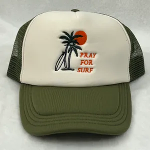Jacks Surfboards Pray For Surf Embroidered Olive Green White Surfer Trucker Mesh SnapBack Hat Cap thumbnail 1