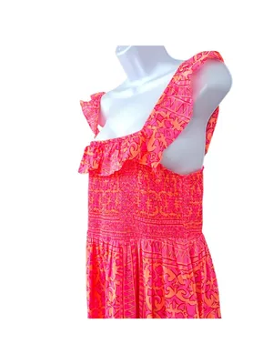 Vineyard Vines Neon Tortola Smocked Midi Dress Vibrant Pink Orange Size Medium thumbnail 10