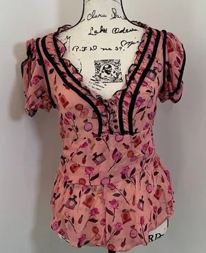 Maeve Anthropologie Anisa Perfume Floral Smocked Peplum Top Pink S Velvet Trim thumbnail 1