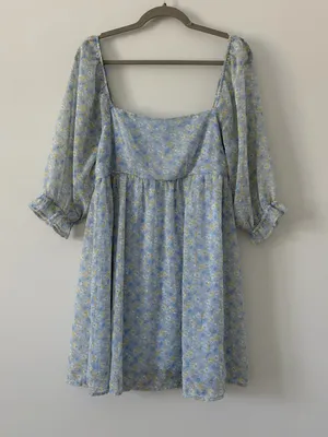 Altar’d State Light Blue Yellow Floral Square Neck Puffed Sleeve Baby Doll Dress thumbnail 1
