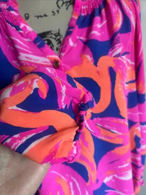 Lilly Pulitzer Elsa Plume Blume Flamingo Silk Long Sleeve Blouse Size Medium thumbnail 7