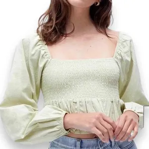 LA Hearts Green Cotton Smocked Ruffle Long Sleeve Babydoll‎ Crop Top Small thumbnail 1