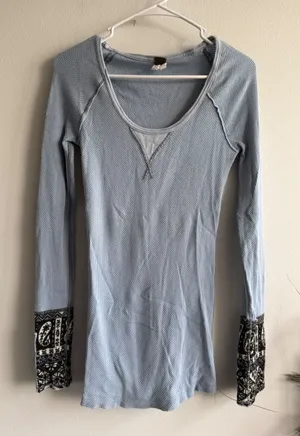 We The Free Free People Light Blue Waffle Knit Thermal Mixed Print Studded Cuffs thumbnail 1