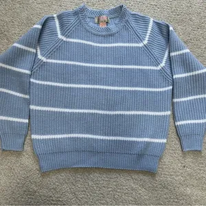 Vintage American Weekend Light Blue With White Stripes Knit Sweater Women Small thumbnail 1