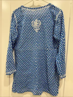 Mul cotton Blue and White Embroidered V-Neck Tunic Top kurti top thumbnail 4